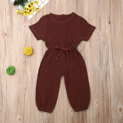 Vista 2 de Mubineo - Mameluco para bebé niña, de verano y otoño, diseño básico, de manga corta, con cordón, de algodón y lino Café