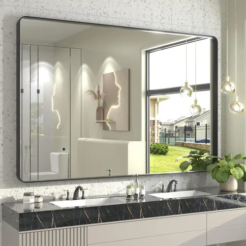 Vista 58 de Paquete de 2 espejos de baño con marco de metal negro de 22 x 30 pulgadas, espejo rectangular redondeado negro mate, antioxidante, se cuelga