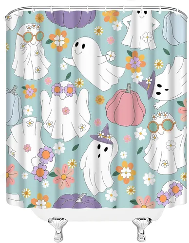 Vista 5 de Halloween Ghost Shower Curtain Spooky Cute 70s Retro Hippie Daisy Funny Bathroom Decor Curtain with Hooks,Blue White