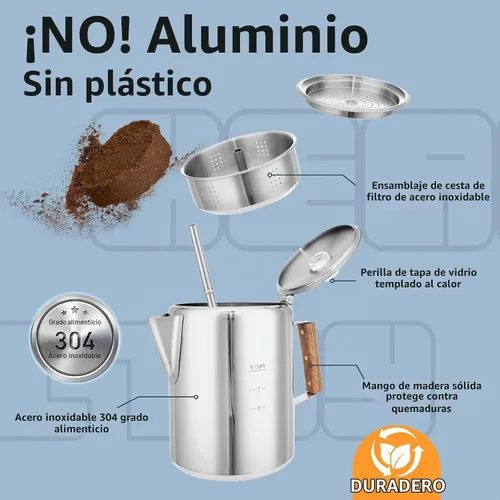 Vista 2 de MEREZA Cafetera de camping para estufa, cafetera, percolador, fogata, cafetera de acero inoxidable, cafetera para acampar al aire libre, hogar, 9