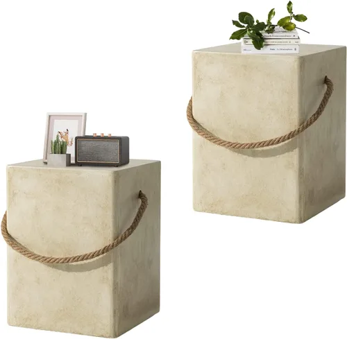 Vista 10 de HOMPUS Mesa auxiliar redonda para exteriores, mesa auxiliar moderna de concreto con mango de cuerda, mesa auxiliar de tambor de patio, decoración