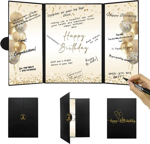 Vista 10 de DARUNAXY Decoraciones de Fiesta de Cumpleaños Negro Dorado, Libro de Visitas Alternativo Jumbo Feliz Cumpleaños para Hombres Mujeres Brindis por 30