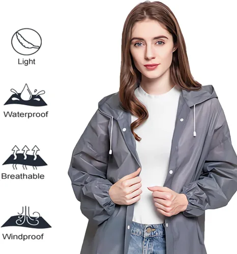 Vista 18 de Abrigos de lluvia (paquete de 2) – Ponchos de lluvia reutilizables de EVA para adultos, chaquetas impermeables para hombres y mujeres