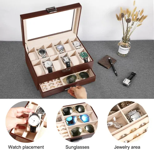 Vista 4 de Voova Joyero organizador de cajas de reloj para hombres y mujeres 2 capas grandes de 12 ranuras de piel sintética estuche de almacenamiento