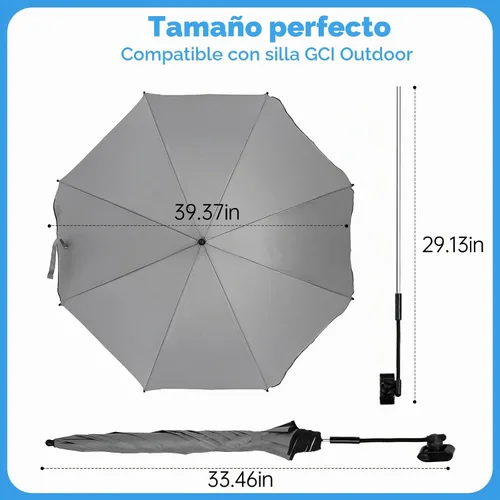Vista 6 de Sombrilla para Silla Compatible con GCI - Accesorio para Protección Solar, Sombrilla Portátil para Silla de Playa, con Abrazadera Ajustable y Fácil