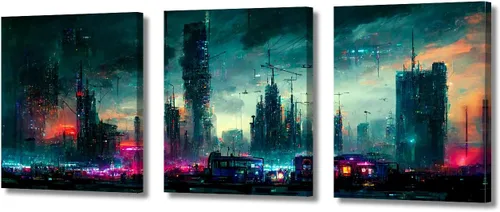 Vista 22 de Cuadros de 3 paneles de Cyberpunk City - Arte de pared de vallas publicitarias de edificios modernos en la capital con obras de arte modernas