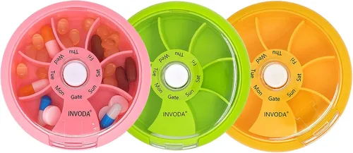 Vista 12 de Organizador de pastillas de 3 piezas, pastillero de viaje para bolso, estuche portátil de medicamentos, pastillero semanal pequeño