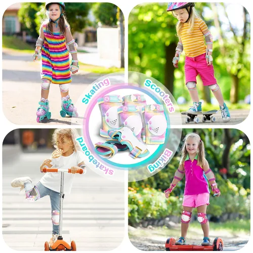 Vista 6 de SULIFEEL Rodilleras de arcoíris y unicornio para niños, coderas, muñequeras con bolsa de cordón, juego de equipo de protección ajustable para niñas