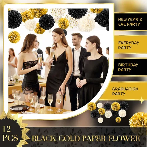 Vista 9 de NICROLANDEE Suministros de fiesta negros y dorados para graduación 2026, 12 pompones de tejido de 12 pulgadas decorativos para graduación, boda