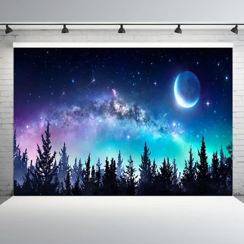 Vista 8 de AOFOTO Telón de fondo de bosque de cielo nocturno de 5 x 3 pies, universo, nebulosa, galaxia, cielo estrellado, fondo para fotos, luces coloridas