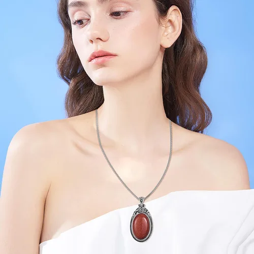 Vista 2 de VIJASHOP Collar ovalado de piedras preciosas de acero inoxidable, colgante vintage, piedras semipreciosas, regalo de joyería para mujeres y niñas