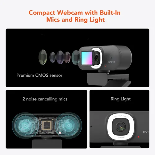 Vista 2 de NUROUM Cámara web de transmisión V15-AFL con luz de anillo, cámara web de enfoque automático para PC con doble micrófono, 1080P 60 fps, corrección