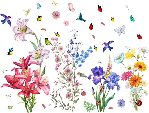 Vista 10 de Calcomanías de flores de primavera, crisantemos, lirio de lavanda, pájaros, mariposas, libélulas, mariquitas, calcomanías de pared florales