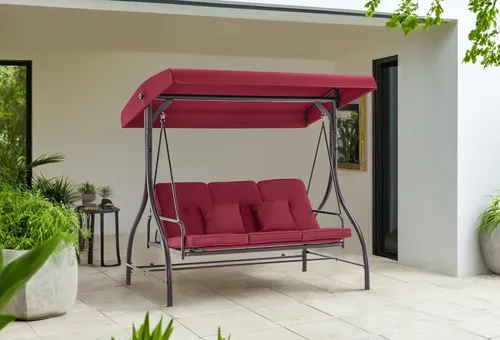 Vista 2 de MCombo - Silla de columpio para patio al aire libre, respaldo ajustable y dosel, silla de columpio para porche, con cojines, 3 asientos