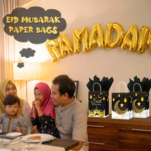 Vista 7 de Censen 16 juegos de bolsas de regalo de Eid Mubarak con papel de seda, bolsas de golosinas de Ramadán para suministros de fiesta de Ramadán (negro)