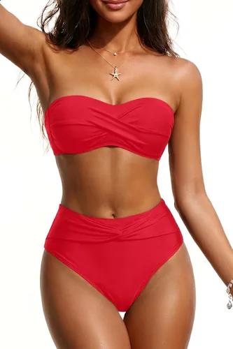 Vista 9 de Tempt Me Conjunto de bikini bandeau para mujer, traje de baño de dos piezas sin tirantes de corte alto de cintura alta Agua