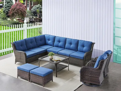 Vista 40 de HUMMUH Juego de 2 Sillas Giratorias Mecedoras de Mimbre para Patio Exterior, Juego de Muebles de Sillas Mecedoras de Ratán (Marrón, Azul) 50,000