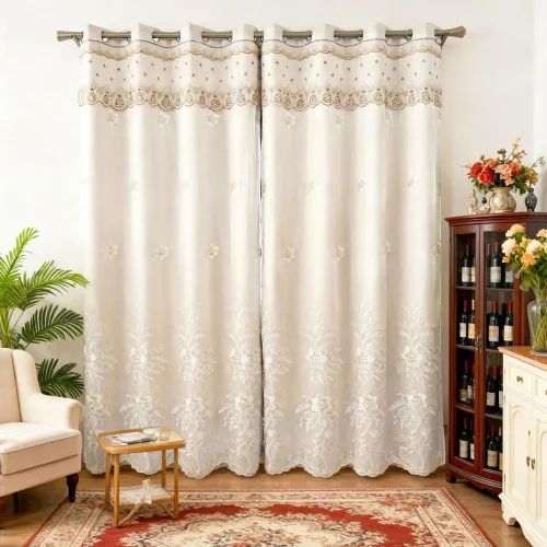 Vista 8 de Amidoudou 1 par de cortinas europeas de doble capa para sala de estar, dormitorio, cortinas bordadas de flores de lujo con cenefa