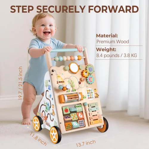 Vista 6 de Andador de madera para bebés, Montessori Push Walker para niños pequeños que aprenden el descubrimiento Multicolor