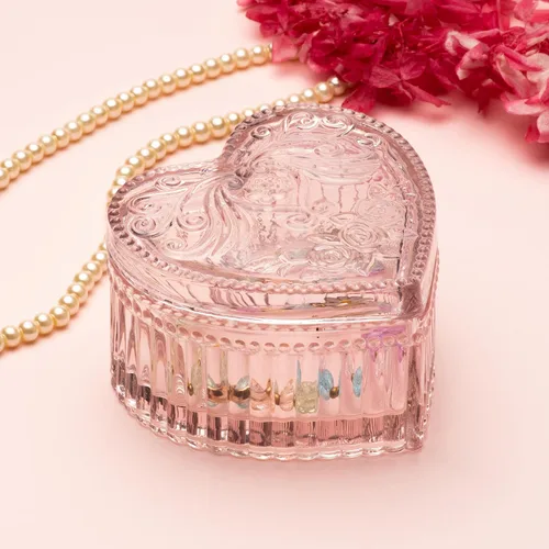 Vista 3 de COWFEX Joyero de cristal en forma de corazón con tapa para niñas y mujeres, organizador de almacenamiento de baratijas, caja decorativa para San
