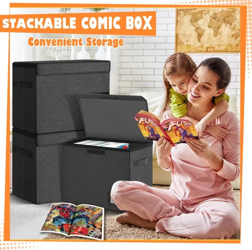 Vista 4 de Leffis Caja de Almacenamiento para Cómics, Caja 39.4 cm X 19.1 cm X 28.7 cm, Caja Corta Plegable con Tapas para 150 Cómics, Contenedor de Cómics
