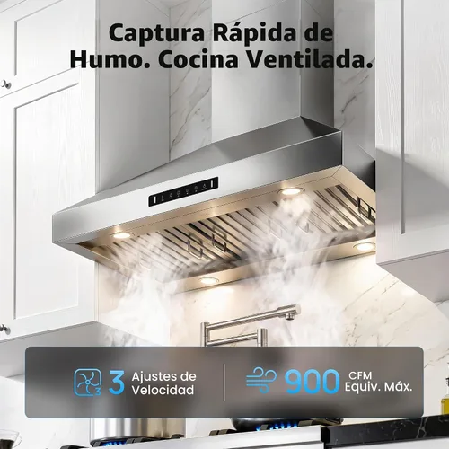 Vista 3 de IKTCH Campana extractora de montaje en pared de 36 pulgadas 900 CFM convertible, ventilación de chimenea de cocina de acero inoxidable con sensor