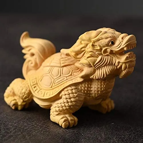 Vista 2 de Estatuas esculturas de tortuga dragón china de la suerte bestia de la suerte, tortuga dragón de madera, artesanía china, esculturas de boj
