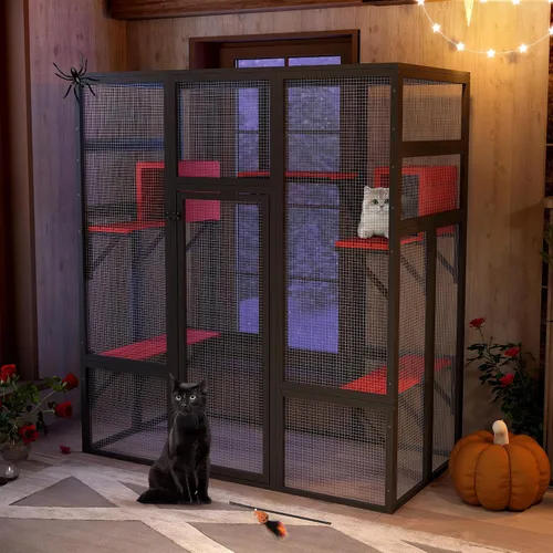 Vista 6 de Nyeekoy Refugio de gato al aire libre de madera grande de 71 pulgadas con perchas y condominios, casa para gatos con techo impermeable, refugio