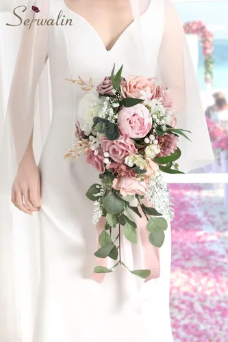 Vista 7 de Serwalin Ramos de boda de 9.8 pulgadas para novia y dama de honor, peonías rosa empolvado, ramos de flores de novia para boda, ramo de lanzamiento