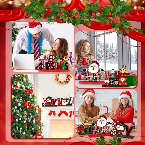 Vista 6 de Hoolerry 6 piezas de decoración de mesa de Navidad, muñeco de nieve de madera, Papá Noel, centro de mesa de Navidad, reno, noel, alegría, creer