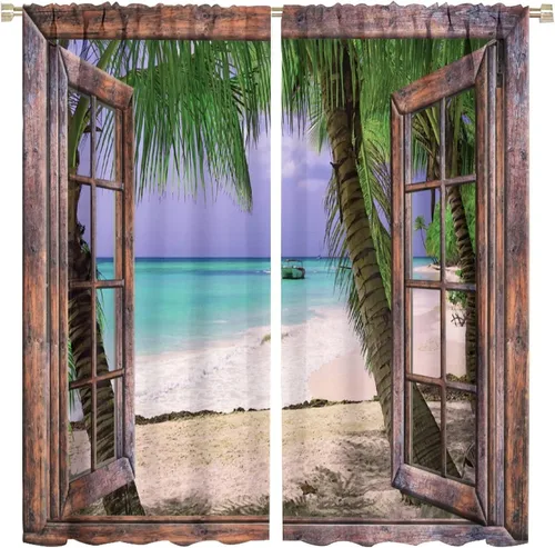 Vista 36 de Cortinas de paisaje, ventana tropical con vista al mar, océano, playa, barco, cortinas con estampado de palmeras para dormitorio, sala de estar, Mar