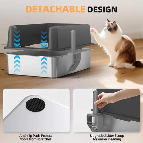 Vista 6 de WoofiGo Caja de arena cerrada de acero inoxidable para gatos con tapa, caja de arena extra grande XL para gatos grandes, bandeja de arena de metal