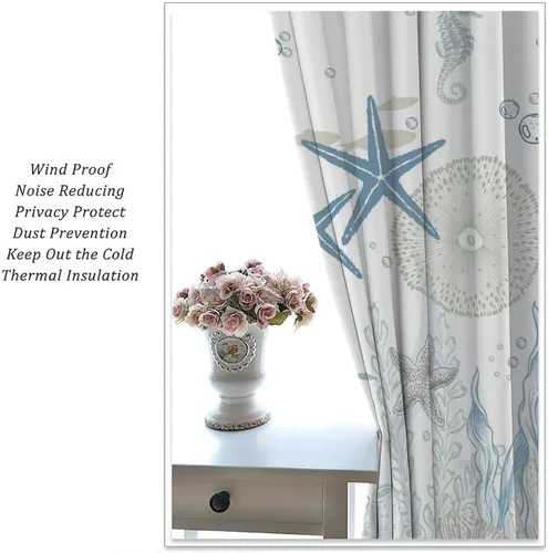 Vista 52 de Cortinas de decoración de playa con océano azul, peces náuticos costeros playeros de verano, conchas marinas, temática infantil, dormitorio, sala