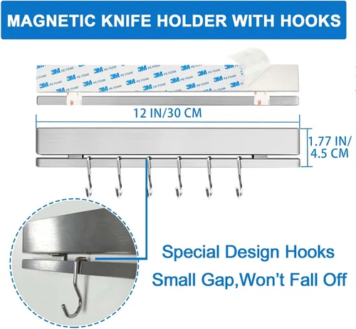 Vista 7 de Portacuchillos magnético de 12 pulgadas para pared con 6 ganchos sin taladro, doble barra magnética para cuchillos con adhesivo fuerte, gancho
