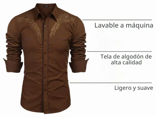 Vista 4 de COOFANDY Camisa occidental para hombre de manga larga con bordados, camisa de vaquero casual con botones café (01-Coffee(Pattern1))