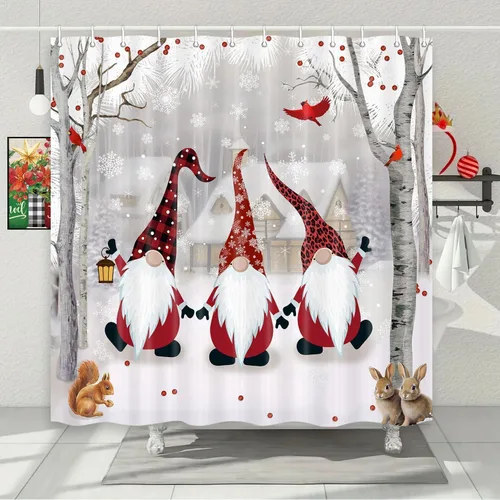 Vista 3 de Christmas Shower Curtain Gnome Winter Shower Curtain Snowy Forest Birth Tree with Cute Fun Gnome Bath Curtain Xmas New Year Bathroom Decor Bathroom