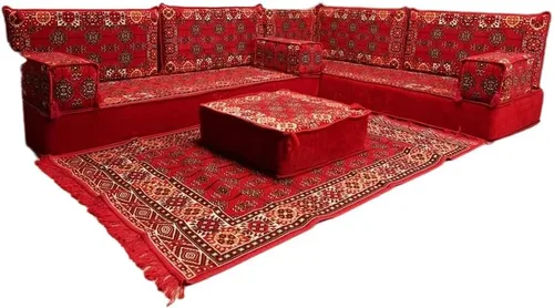 Vista 178 de arabicsofa Juego de asientos Jalsa en forma de L – Majlis árabe hecho a mano con almohadas de respaldo