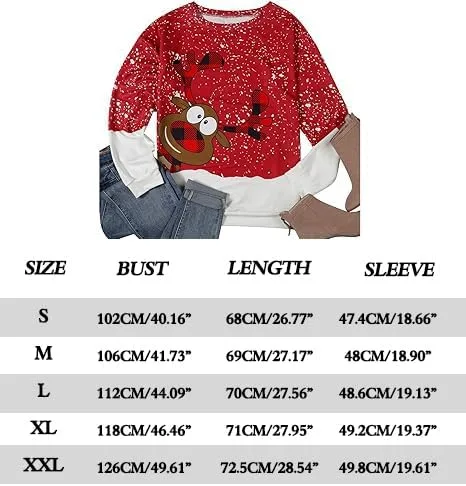 Vista 6 de LUKYCILD Sudadera fea de Navidad para mujer, diseño de reno, muñeco de nieve, cuello redondo, manga larga, sin botones