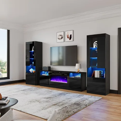 Vista 6 de AMERLIFE Juego de 3 centros de entretenimiento con chimenea de 70 pulgadas Negro
