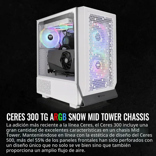 Vista 2 de Thermaltake Ceres 300 Snow Edition - Carcasa para computadora E-ATX de torre media con panel lateral de vidrio templado; 2 ventiladores CT140 ARGB