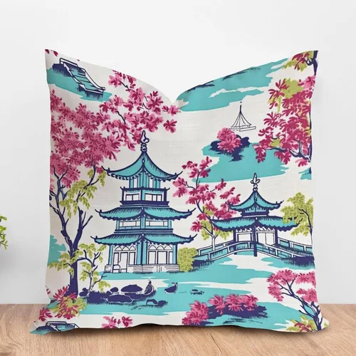 Vista 96 de ArogGeld Funda de cojín con flores verdes y blancas con flores grises y negras y hojas verdes en estilo chinoiserie, funda de almohada cuadrada