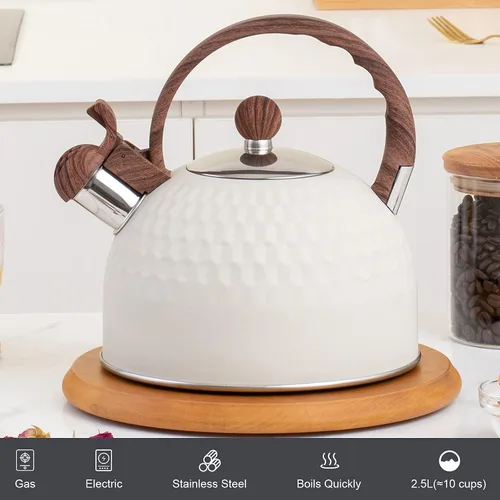 Vista 2 de Whistling - Tetera de acero inoxidable con mango anticalor de grano de madera, cubierta cilíndrica de acero inoxidable de grano de madera, 2.6