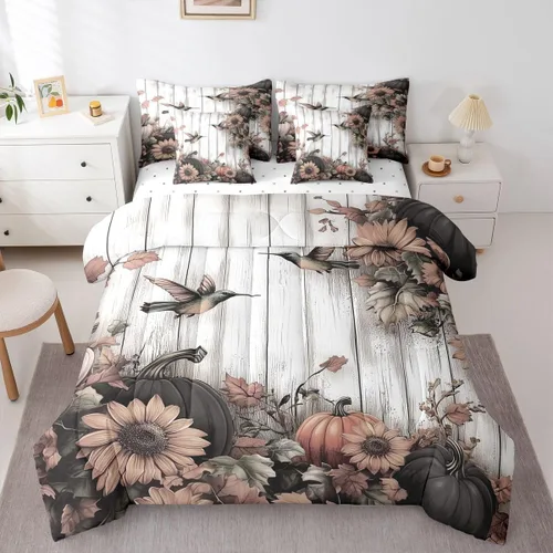 Vista 22 de Feelyou Fall Pumpkin Comforter Set with Sheets 7 Piece Twin Size Autumn Bed in a Bag Kids Boys Girls Pumpkin Maple Leaf Bedding Set Hummingbird Beig