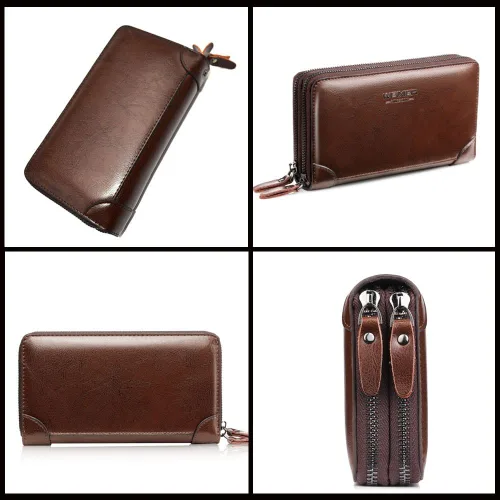 Vista 7 de Bolso de mano para hombre bolso de cuero genuino con cremallera cartera larga para negocios bolso de mano grande