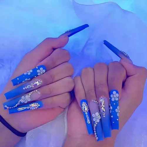 Vista 6 de Uñas postizas a presión de longitud cuadrada larga, cobertura completa, reutilizables, uñas postizas de bailarina, uñas adhesivas con diseños