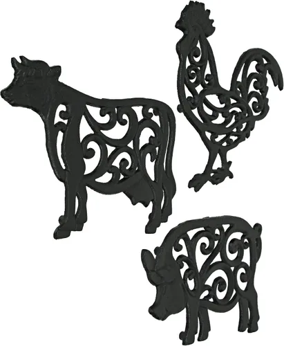Vista 2 de Juego de 3 salvamanteles negros de hierro fundido para decoración de cocina, gallo, cerdo y vaca, arte decorativo para colgar en la pared, 9
