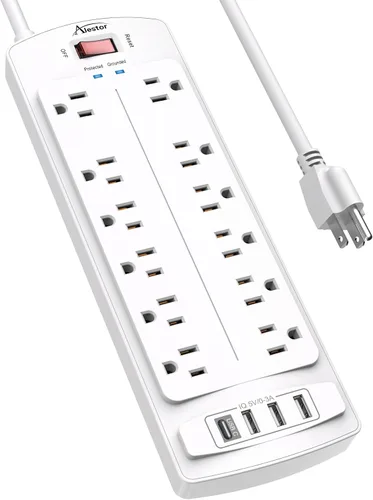 Vista 9 de ALESTOR - Regleta de enchufes con protector contra sobretensiones, 12 tomas de corriente y 4 puertos USB, cable de extensión de 6 pies