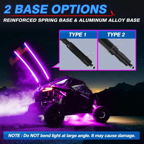 Vista 4 de MICTUNING 2PCS Luces LED Whip W1 de 3 pies con bandera y base de resorte, luces whip de persecución en espiral RGB+IC con APP, sincronización