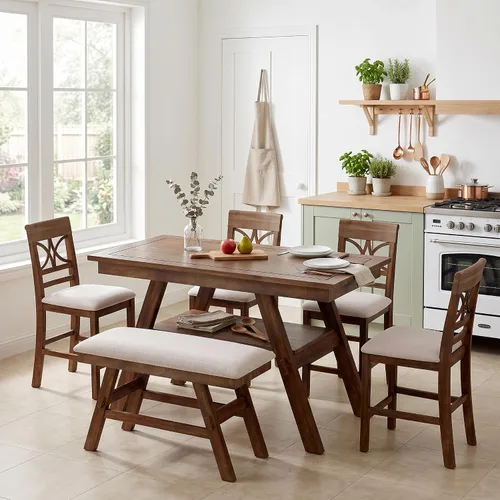 Vista 13 de Farmhouse - Juego de mesa de comedor rústica de altura de mostrador para 4, juego de mesa de bar de cocina de 5 piezas, mesa de comedor rectangular