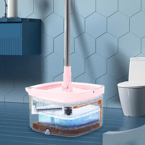Vista 2 de Trapeador giratorio y cubo con compartimentos separados para agua limpia y sucia, versión mejorada 2025 con cepillo lateral y mango de pie